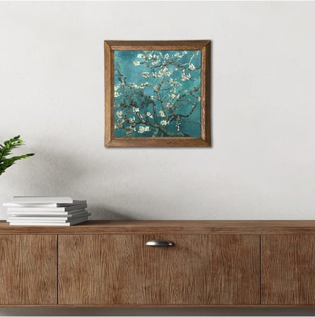 Pinecone Vincent van Gogh Badem Ağacı Taş Duvar Tablosu - Ahşap Çerçeveli Taş Tablo - 25x25 cm - Dekoratif Duvar Sanatı - Modern Ev ve Ofis Duvar Dekoru W1-64