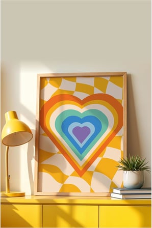 Çerçeveli Kalp Tablosu – Renkli Retro Kalp Desenli Modern Poster, Dekoratif Duvar Dekoru Bej 21 x 30