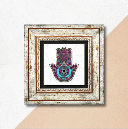 Fatma Ana Eli (Hamsa) Taş Duvar Tablosu - Çerçeveli Taş Tablo - Dekoratif Duvar Sanatı - Modern Ev ve Ofis Duvar Dekoru K1-143