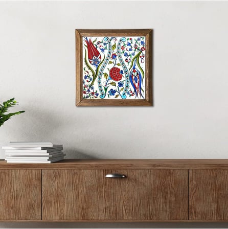 Pinecone Çini Sanatı Lale Taş Duvar Tablosu - Ahşap Çerçeveli Taş Tablo - 25x25 cm - Dekoratif Duvar Sanatı - Modern Ev ve Ofis Duvar Dekoru W1-185