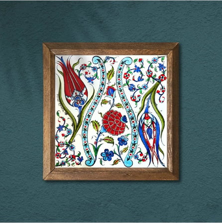Pinecone Çini Sanatı Lale Taş Duvar Tablosu - Ahşap Çerçeveli Taş Tablo - 25x25 cm - Dekoratif Duvar Sanatı - Modern Ev ve Ofis Duvar Dekoru W1-185