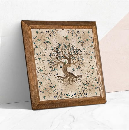 Pinecone Hayat Ağacı Taş Duvar Tablosu - Ahşap Çerçeveli Taş Tablo - 25x25 cm - Dekoratif Duvar Sanatı - Modern Ev ve Ofis Duvar Dekoru W1-07