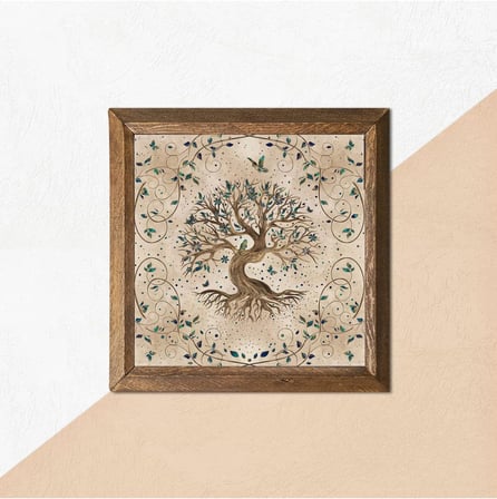 Pinecone Hayat Ağacı Taş Duvar Tablosu - Ahşap Çerçeveli Taş Tablo - 25x25 cm - Dekoratif Duvar Sanatı - Modern Ev ve Ofis Duvar Dekoru W1-07