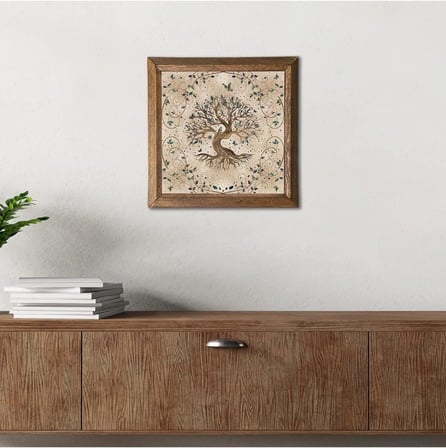 Pinecone Hayat Ağacı Taş Duvar Tablosu - Ahşap Çerçeveli Taş Tablo - 25x25 cm - Dekoratif Duvar Sanatı - Modern Ev ve Ofis Duvar Dekoru W1-07
