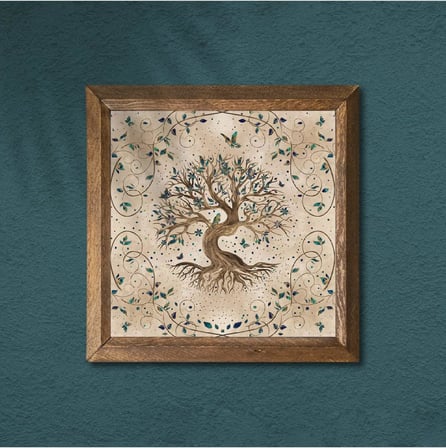 Pinecone Hayat Ağacı Taş Duvar Tablosu - Ahşap Çerçeveli Taş Tablo - 25x25 cm - Dekoratif Duvar Sanatı - Modern Ev ve Ofis Duvar Dekoru W1-07