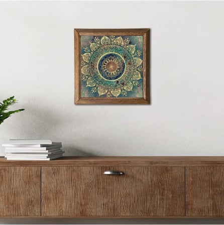 Pinecone Mandala Taş Duvar Tablosu - Ahşap Çerçeveli Taş Tablo - 25x25 cm - Dekoratif Duvar Sanatı - Modern Ev ve Ofis Duvar Dekoru W1-231