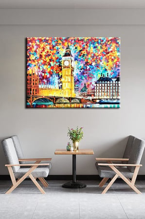 Renkli Dekoratif Big Ben Tarihi Londra Saat Kulesi Tablosu. Duvar Panoları: New York Retro Soyut Klasik Klimt Van Gogh Atatürk 50x35 no-7461