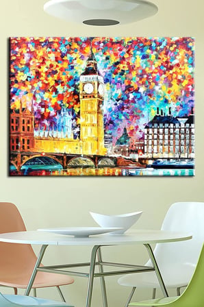 Renkli Dekoratif Big Ben Tarihi Londra Saat Kulesi Tablosu. Duvar Panoları: New York Retro Soyut Klasik Klimt Van Gogh Atatürk 50x35 no-7461
