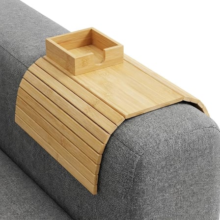Bambu Koltuk Kenarı Tepsisi Ve Organizer - Katlanabilir Bölmeli Ahşap Kanepe Yanı Sehpa, Bardaklık Ve Kumandalık (41 X 33.5 X 4.5 Cm)