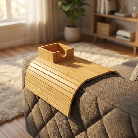 Bambu Koltuk Kenarı Tepsisi Ve Organizer - Katlanabilir Bölmeli Ahşap Kanepe Yanı Sehpa, Bardaklık Ve Kumandalık (41 X 33.5 X 4.5 Cm)