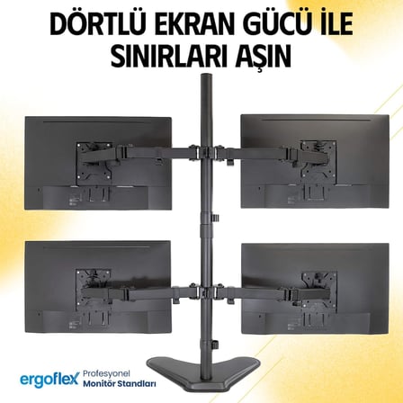 EF44 Steel Design 2-8 Kg Quad Ekran Asansörlü 13-27inch Desktop Monitör Standı, Siyah