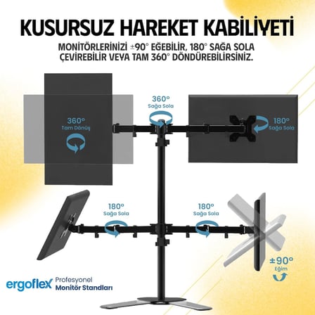 EF44 Steel Design 2-8 Kg Quad Ekran Asansörlü 13-27inch Desktop Monitör Standı, Siyah