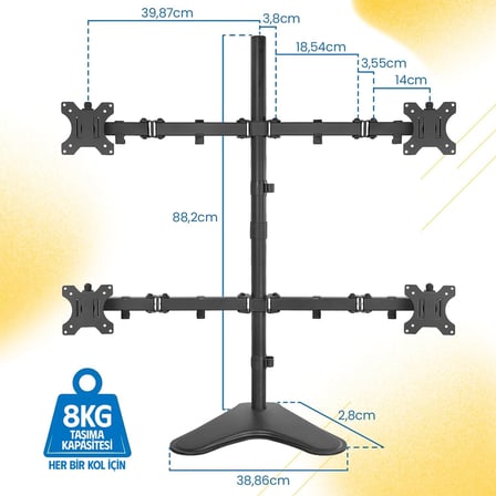 EF44 Steel Design 2-8 Kg Quad Ekran Asansörlü 13-27inch Desktop Monitör Standı, Siyah