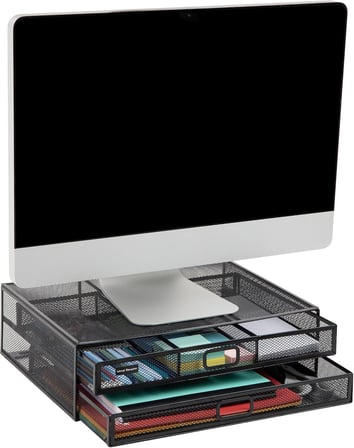 Ağ Koleksiyonu, 2 Çekmeceli Dosya Depolamalı Monitör Standı, Masa Düzenleyici, Metal Örgü, Çok Amaçlı, 15,75 inç U x 11,75 inç G x 4,5 inç Y, Siyah