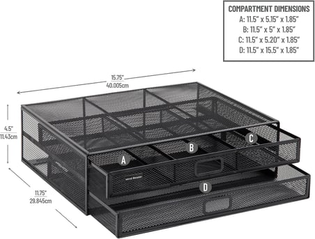 Ağ Koleksiyonu, 2 Çekmeceli Dosya Depolamalı Monitör Standı, Masa Düzenleyici, Metal Örgü, Çok Amaçlı, 15,75 inç U x 11,75 inç G x 4,5 inç Y, Siyah