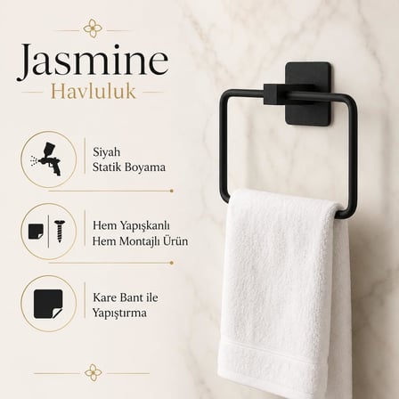 Siyah Kare Havluluk, Yapışkanlı ve Vidalı Montajlı Duvara Monte Havlu Askısı, Mat Siyah Banyo Aksesuarı