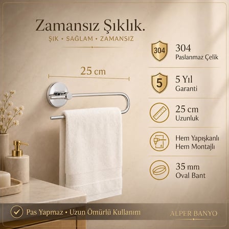 304 Paslanmaz Çelik Solo Havlu Askısı, Krom Kaplama 25 cm Havluluk, Yapışkanlı ve Vidalı Montajlı, 5 Yıl Garantili Banyo Aksesuarı