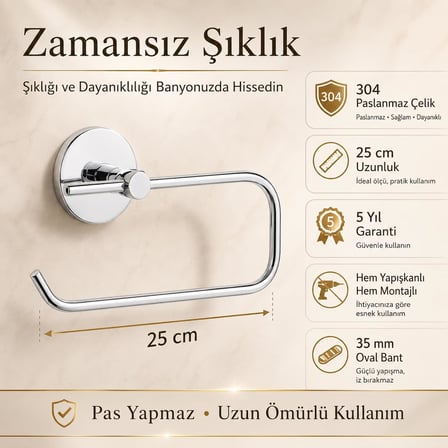 304 Paslanmaz Çelik Solo Havlu Askısı, Krom Kaplama 25 cm Havluluk, Yapışkanlı ve Vidalı Montajlı, 5 Yıl Garantili Banyo Aksesuarı