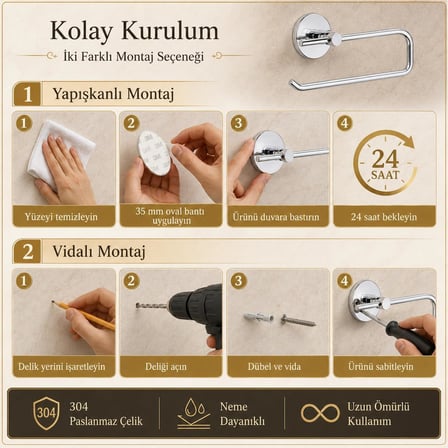 304 Paslanmaz Çelik Solo Havlu Askısı, Krom Kaplama 25 cm Havluluk, Yapışkanlı ve Vidalı Montajlı, 5 Yıl Garantili Banyo Aksesuarı