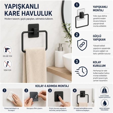 Yapışkanlı Metal Havluluk, Havlu Tutucu Askı, Paslanmaz (Kare)