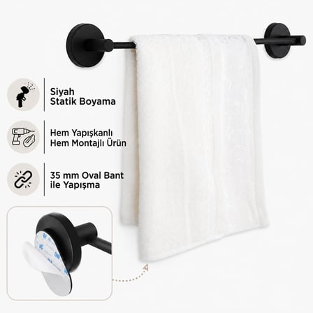 Lotus Siyah Uzun Havluluk, Yapışkanlı ve Vidalı Montajlı Havlu Askısı, Mat Siyah Statik Boyama, 35 mm Oval Bantlı Banyo Havlu Tutucu