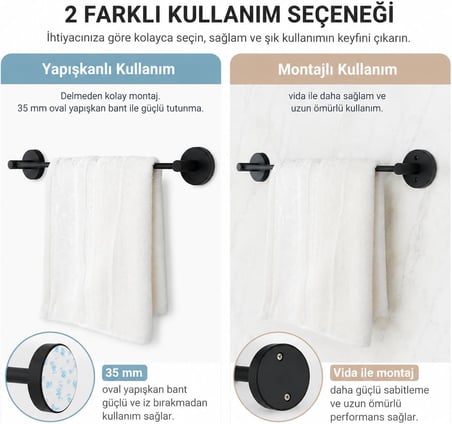 Lotus Siyah Uzun Havluluk, Yapışkanlı ve Vidalı Montajlı Havlu Askısı, Mat Siyah Statik Boyama, 35 mm Oval Bantlı Banyo Havlu Tutucu