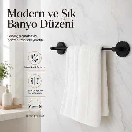Lotus Siyah Uzun Havluluk, Yapışkanlı ve Vidalı Montajlı Havlu Askısı, Mat Siyah Statik Boyama, 35 mm Oval Bantlı Banyo Havlu Tutucu