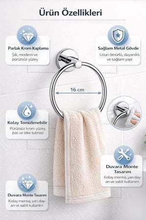 Yuvarlak Havlu Halkası Krom Kaplama, Duvara Monte Yuvarlak Banyo Havluluk, Dayanıklı Metal El Havlusu Askısı, Modern Parlak Krom Tasarım, Paslanmaya Dayanıklı Banyo Aksesuarı