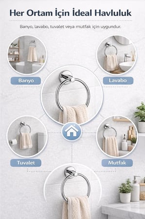 Yuvarlak Havlu Halkası Krom Kaplama, Duvara Monte Yuvarlak Banyo Havluluk, Dayanıklı Metal El Havlusu Askısı, Modern Parlak Krom Tasarım, Paslanmaya Dayanıklı Banyo Aksesuarı