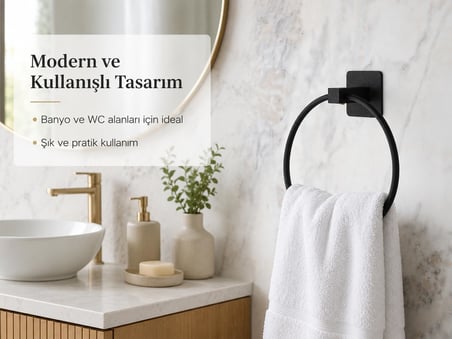 Siyah Kare Yuvarlak Havluluk, Yapışkanlı ve Vidalı Montajlı Duvara Monte Halka Havlu Askısı, Mat Siyah Banyo Aksesuarı