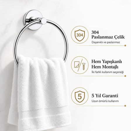 304 Paslanmaz Çelik Yuvarlak Havlu Askısı, Krom Kaplama Halka Havluluk, Yapışkanlı ve Vidalı Montajlı, 5 Yıl Garantili Banyo Aksesuarı