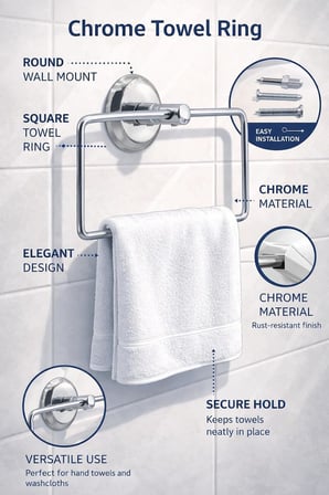 Kare Krom Havlu Halkası Duvara Monte, Parlak Krom Kaplama Metal Banyo Havluluğu, Modern Tasarım Kare Havlu Askılığı, Lavabo Yanı Havlu Tutucu Banyo Aksesuarı