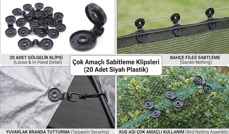 20 Adet Siyah Plastik Gölgelik Klipsi, Yuvarlak Şekilli Branda Tutturma Aparatı, Bahçe Filesi ve Kuş Ağı İçin Çok Amaçlı Sabitleme Klipsleri