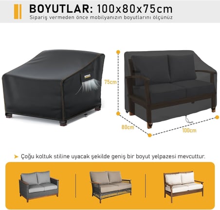 Tek Kişilik Bahçe Koltuk Örtüsü, Koruma Kılıfı, Su Geçirmez Açık Hava Bahçe Mobilya Kılıfları, Dış Mekan Sandalye Kılıfı Örtü Branda, Ağır Hizmet Tipi, 100-80-75cm - Siyah
