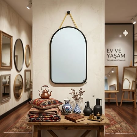 DEİNHAUS Dekoratif Duvar Aynası, Siyah İnce Çerçeveli Kemer Tasarım, 23x40 cm, Askı İpli, Antre, Banyo ve Makyaj için Modern Ayna