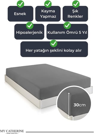 Lastikli & Hipoalerjenik Çarşaf%100 Pamuk Penye Kumaş Antrasit 200x200, LUXCARSAF
