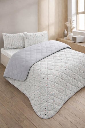 Kapitoneli Çift Kişilik Desenli Pike - Yatak Örtüsü Takımı 200x230 cm - 2 Adet Yastık Kılıflı (Gri)