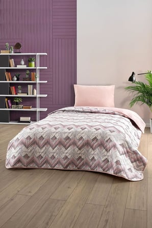 Tek Kişilik Desenli Kapitone Çift Taraflı Renkli Pike Yatak Örtüsü Takımı 160x230 cm (Çarşafsız) (Pudra)