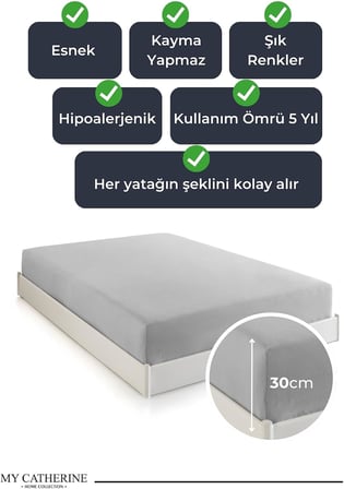 Lastikli & Hipoalerjenik Çarşaf |%100 Pamuk Penye Kumaş | Çift Kişilik 180x200 cm - Gri, LUXCARSAF