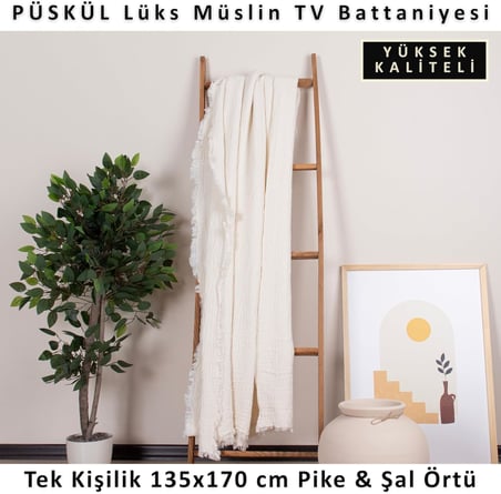 PÜSKÜL Müslin Koltuk Battaniyesi & Pike Tek Kişilik 135x170 cm, 100% Pamuk Ultra Yumuşak 4-Katlı Muslin Kumaş Havadar Dört Mevsim Dekoratif TV Battaniye Şalı (Natural, 135x170 cm Tv Battaniyesi)