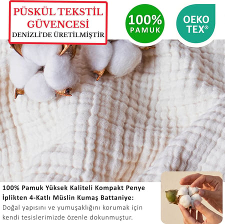 PÜSKÜL Müslin Koltuk Battaniyesi & Pike Tek Kişilik 135x170 cm, 100% Pamuk Ultra Yumuşak 4-Katlı Muslin Kumaş Havadar Dört Mevsim Dekoratif TV Battaniye Şalı (Natural, 135x170 cm Tv Battaniyesi)
