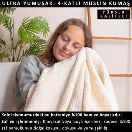 PÜSKÜL Müslin Koltuk Battaniyesi & Pike Tek Kişilik 135x170 cm, 100% Pamuk Ultra Yumuşak 4-Katlı Muslin Kumaş Havadar Dört Mevsim Dekoratif TV Battaniye Şalı (Natural, 135x170 cm Tv Battaniyesi)