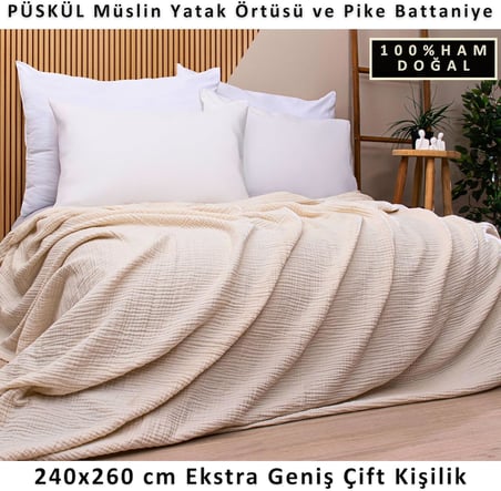 PÜSKÜL Battal Boy Çift Kişilik Müslin Yatak Örtüsü ve Pike, 4-Katlı, Lüks