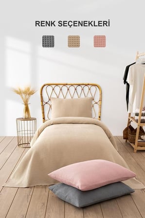 Waffle Tek Kişilik Pike Seti Pudra 160x220 Cm