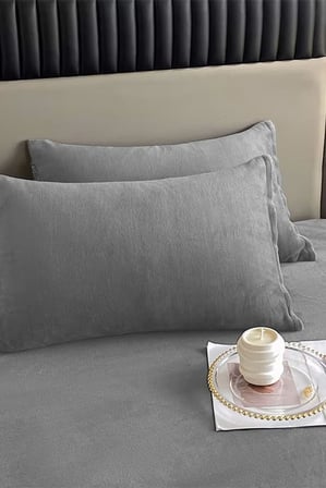 Kadife Kumaş Çift Kişilik Fitted Lastikli Çarşaf Takımı 160x200+30 cm Açık Gri