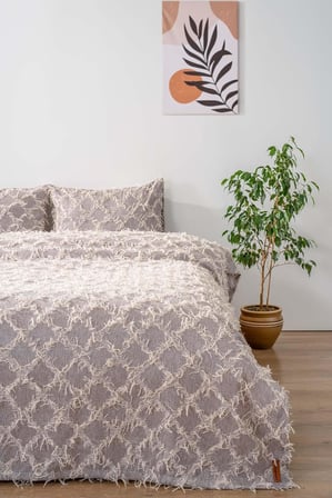 rivaistanbul Ferly Püsküllü Gri Çift Kişilik Jakarlı Deluxe Uyku Seti 3 Parça Yatak Örtüsü Seti