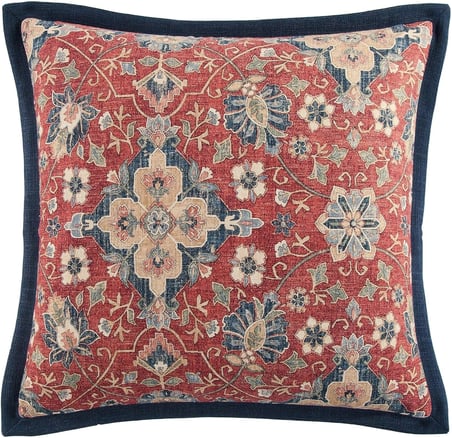 HiEnd Vurgulu Yıkanmış Keten Melinda Euro Yastık Kılıfı, 68,5 x 68,5 cm, Lacivert ve Kırmızı, Çiçekli Madalyon Rustik Geleneksel Batı Tarzı Lüks Yatak Takımı