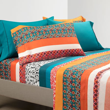 Boho Çizgili Yumuşak Çarşaf 6 Parça Set, Kraliçe, Turkuaz ve Mandalina