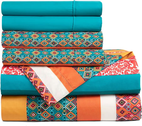 Boho Çizgili Yumuşak Çarşaf 6 Parça Set, Kraliçe, Turkuaz ve Mandalina