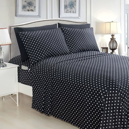Lüks Yumuşak Yatak Çarşafları Polkadot Desenli 1500 İplik Sayısı Perkal Mısır Kalitesinde Yumuşaklık Kırışma ve Solmaya Karşı Dayanıklı (6 Parça) Yatak Seti, Kraliçe, Siyah